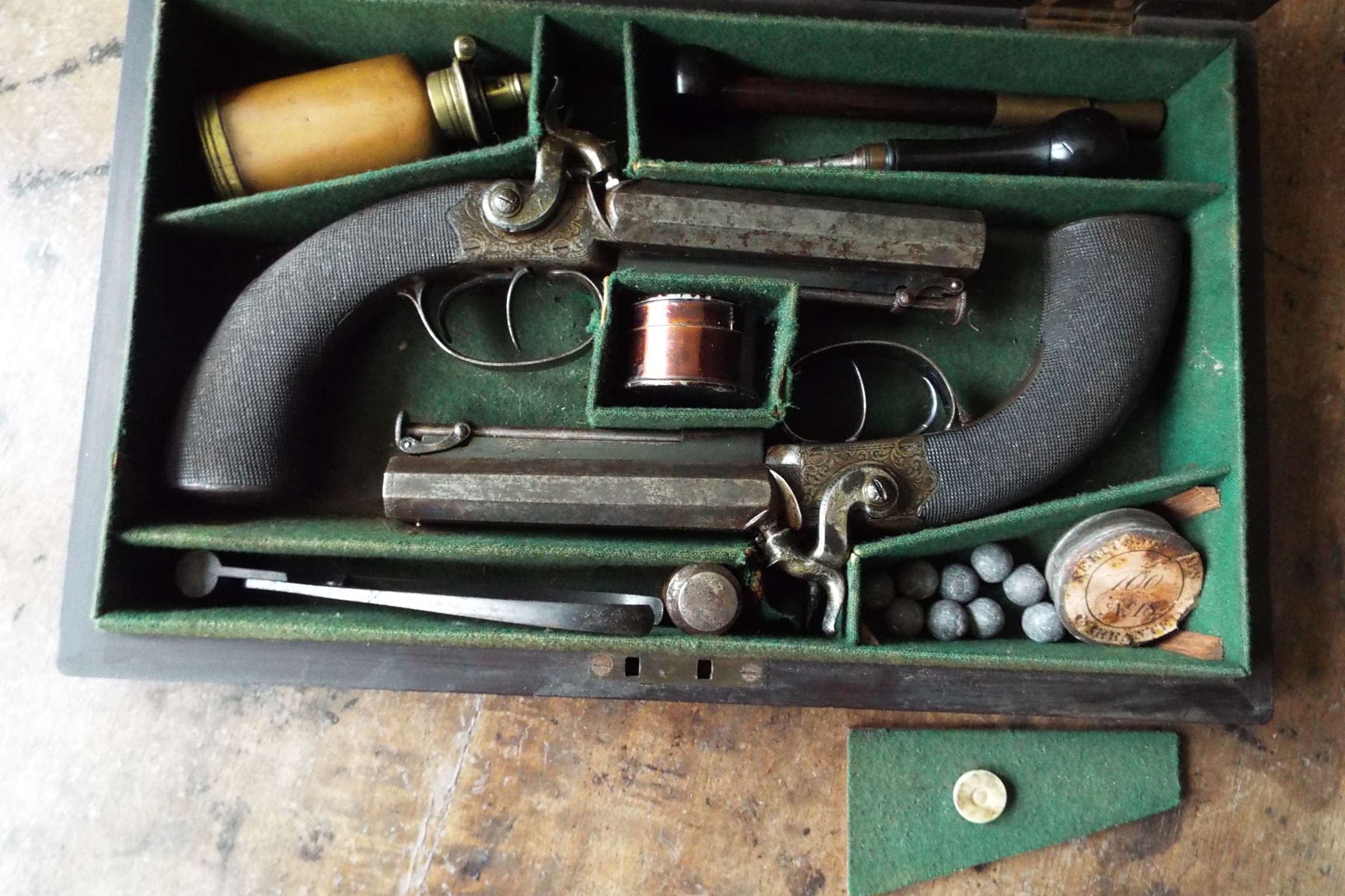 Cased Double Barrel Traveling Pistols By Dougall of Glasgow